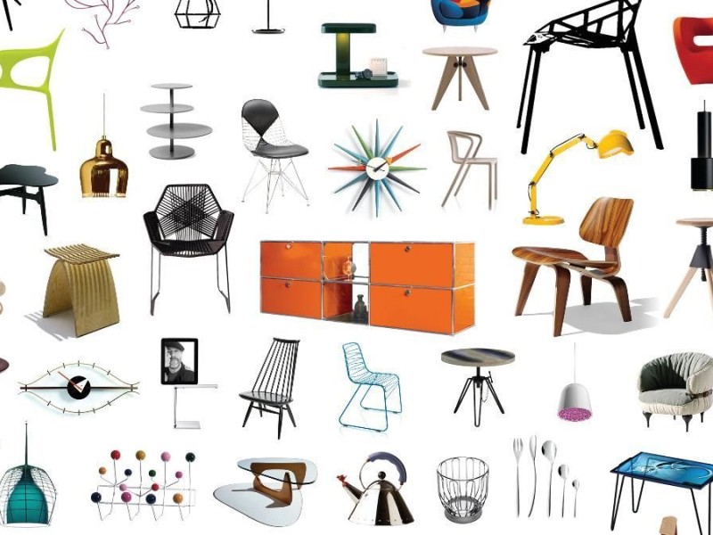 Collage of furniture and home decor on white background. Items include tables, chairs, and other home decor