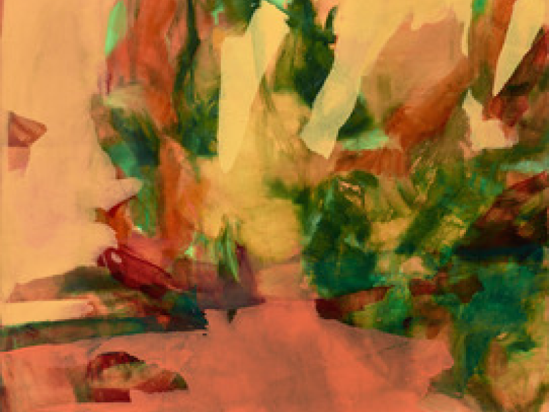 Artwork by Margaret Watson, orange, green, yellow, red in color