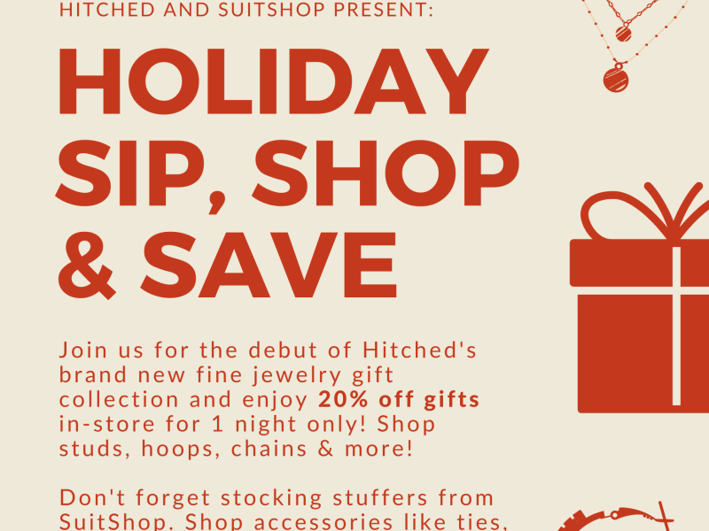 Holiday Sip, Shop, & Save Flyer with red text and graphics of earrings and a gift box
