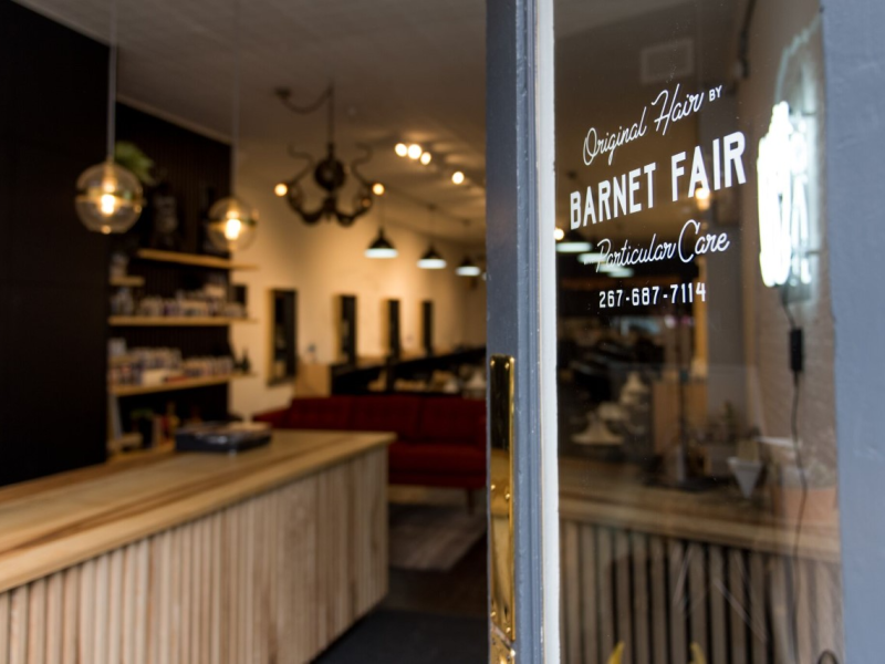 Front door of salon open, looking into Barnet Fair Salon