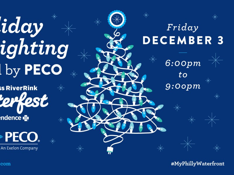 Holiday Tree Lighting graphic with blue background and white text and graphic of holiday tree with event information