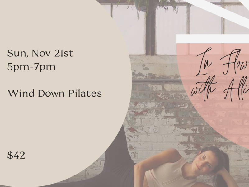 Person doing pilates at a studio with event information on the graphic