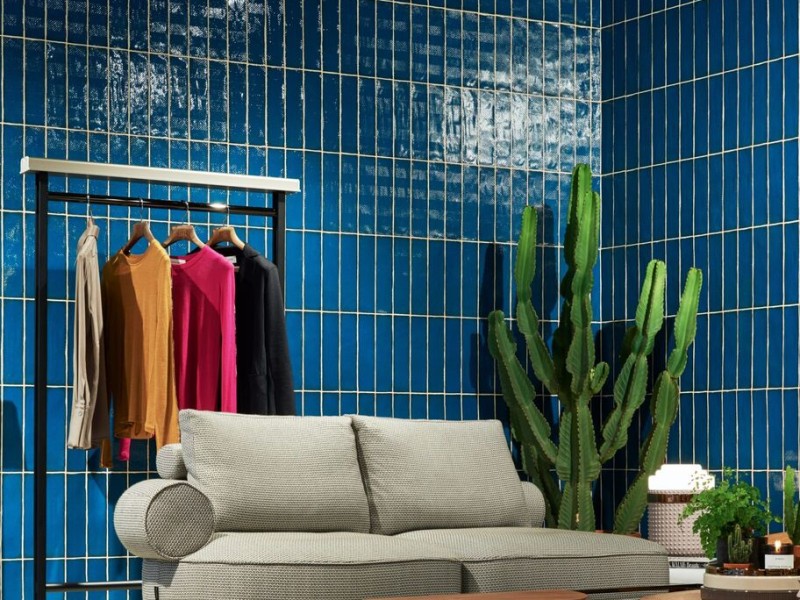 Furniture with clothing rack and plant with blue tile wall