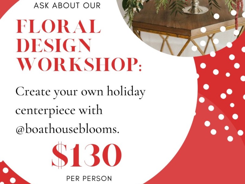 Graphic featuring event details with red and white design and a photo of a flower bouquet