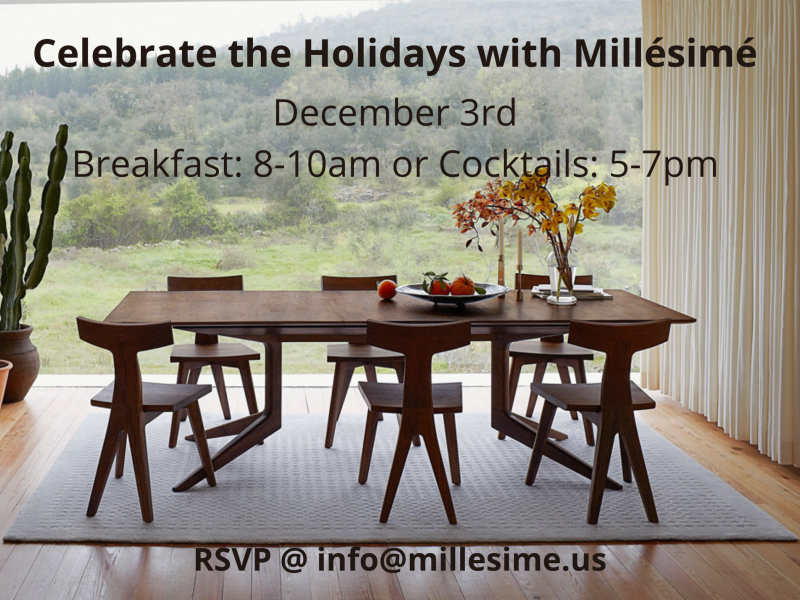 Table and chairs with event information in black text