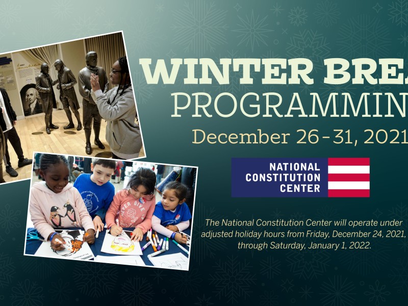 Photos of people at the National Constitution Center with event information