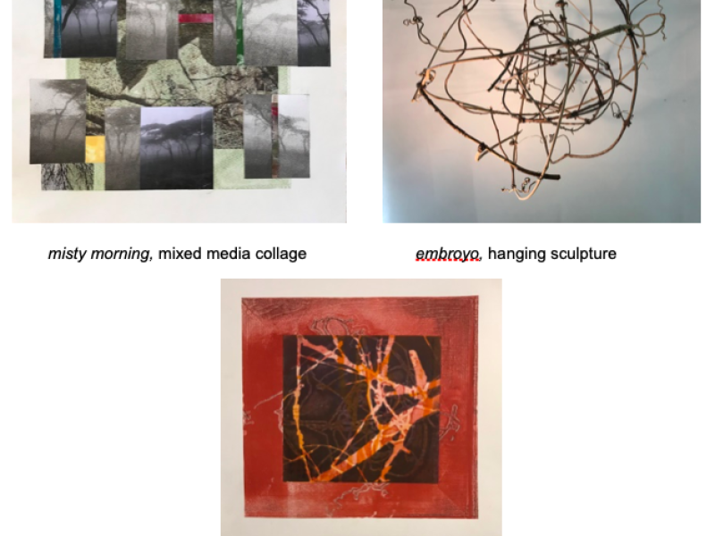 Three works of art titled "misty morning" "embryo" and "fall"