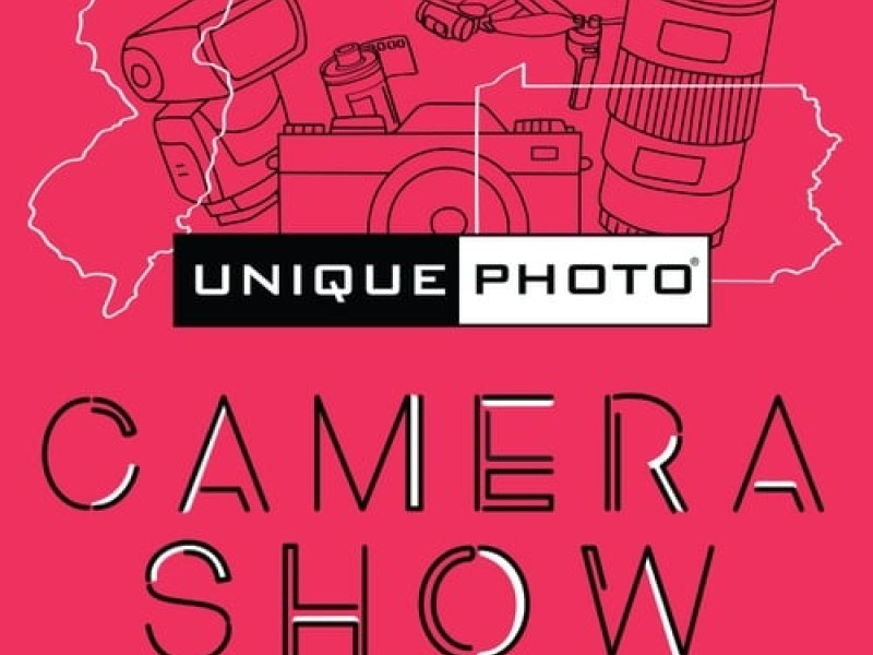 Event graphic for Unique Photo Camera Show with pink background with white and back text