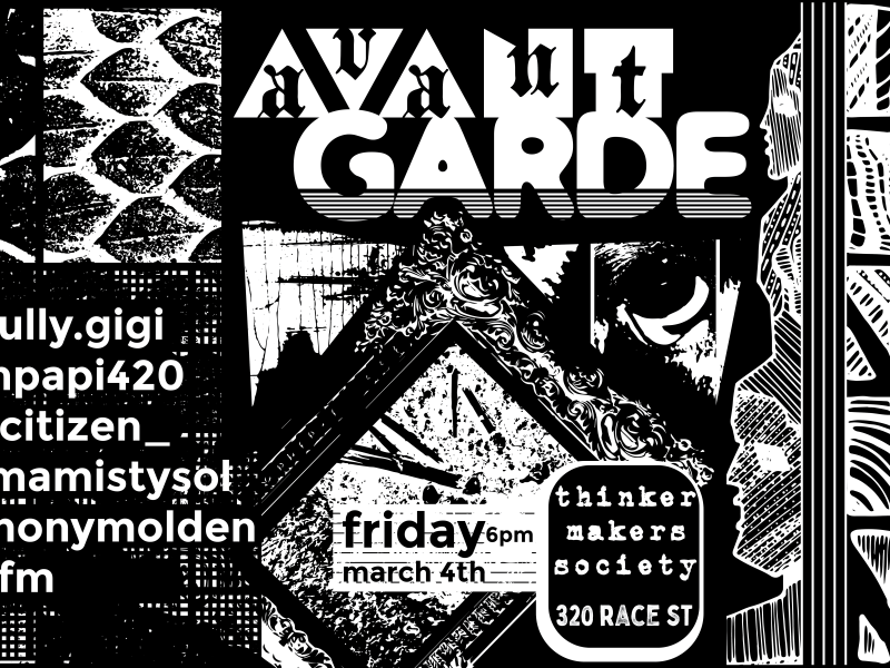 Avant Garde art exhibition graphic with event information in text
