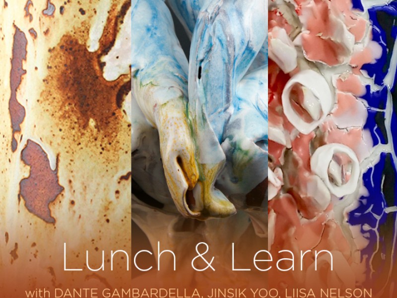 Graphic for Lunch & Learn event with photos of artwork and event information in white text