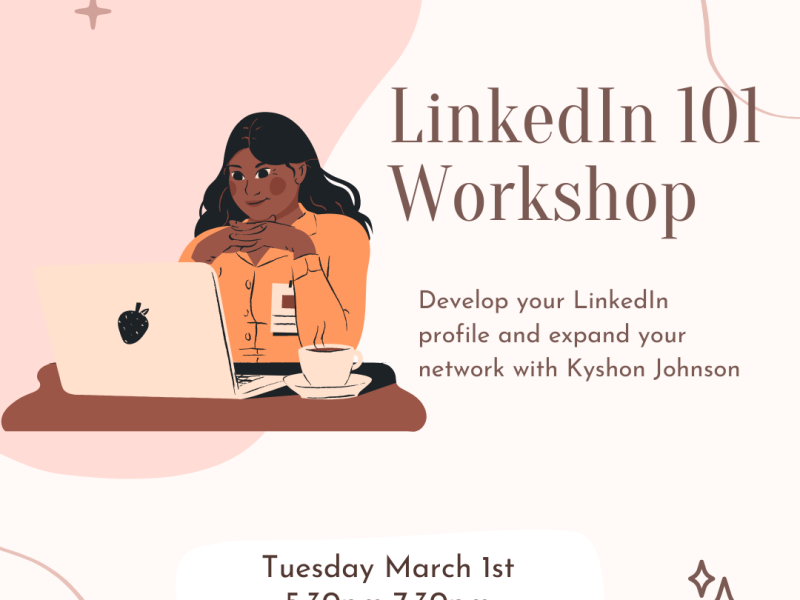 LinkedIn 101 Event Graphic with text and photo of person looking at computer