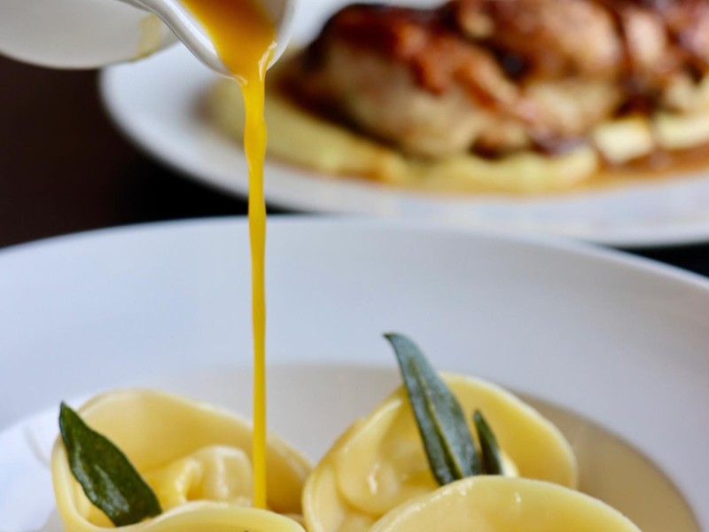  Goat’s milk burrata filled pasta, kabocha squash, and sage ⁠brown butter brodo