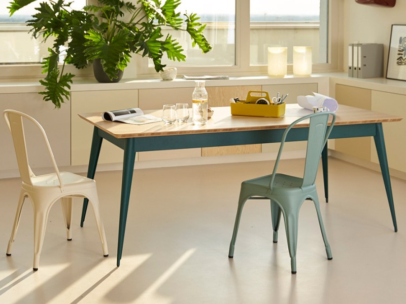 Table and chairs on display in living room with plant