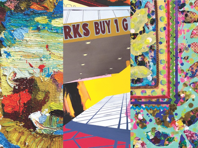 Flyer for upcoming show Hot Destinations with three works of art