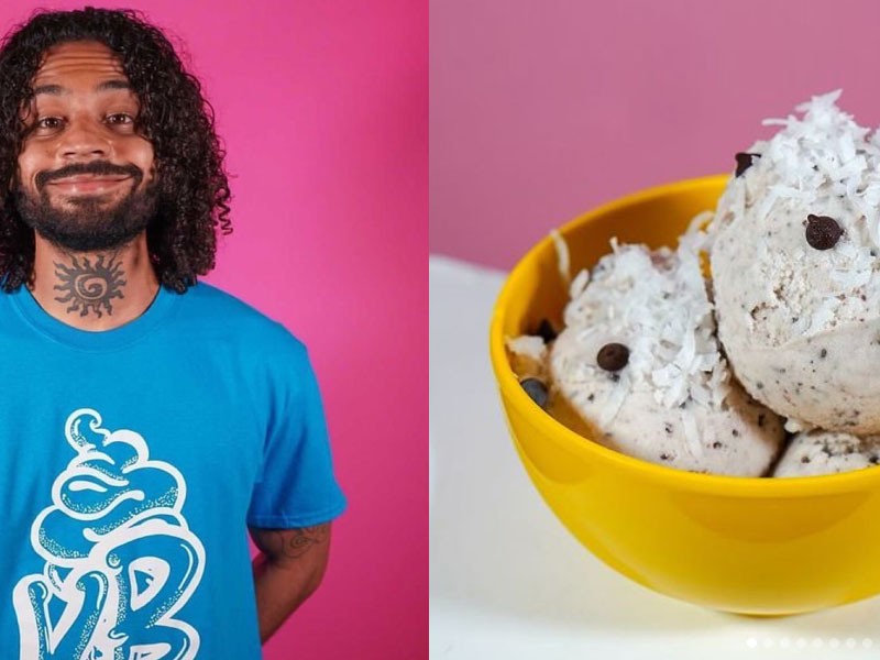 Photo of Kianu Walker and a bowl of vegan ice cream