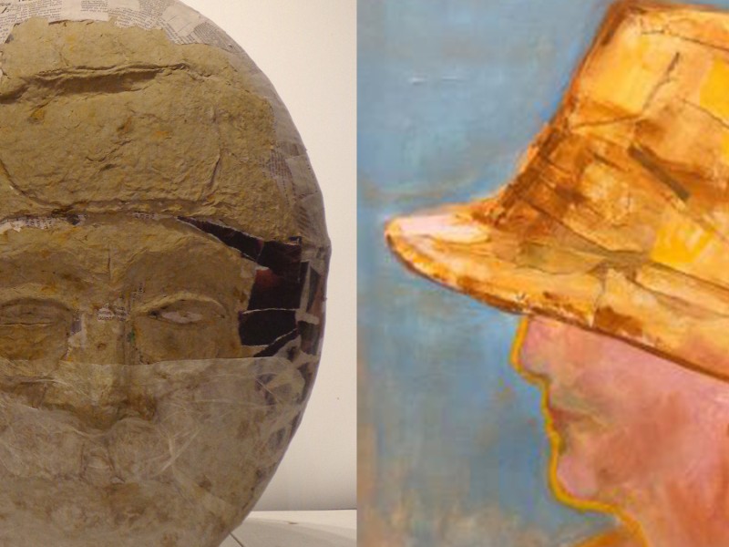 Paper mache sculpture by Drew Zimmerman and painting of woman's face wearing yellow hat by Sue McKee