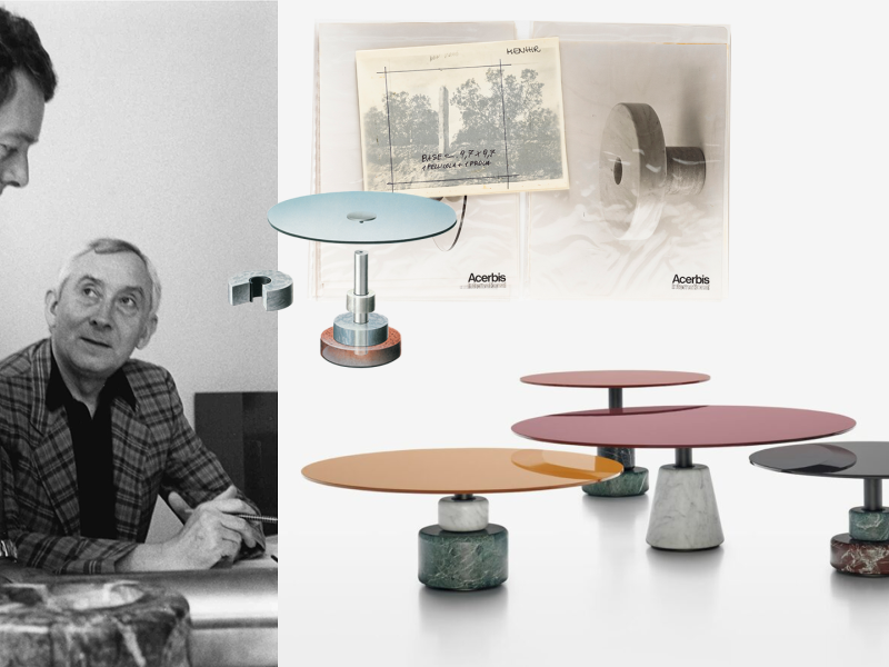 Two people talking and a photo of tables