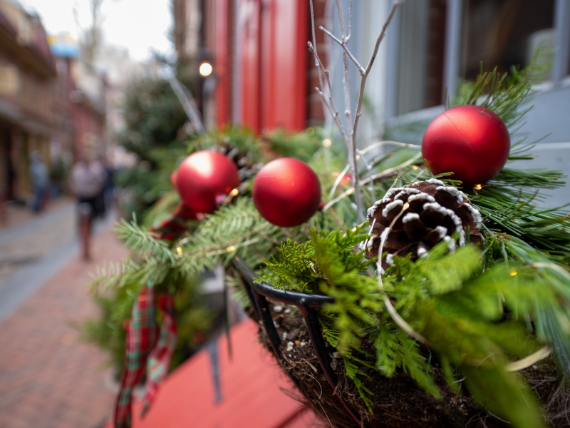 Holiday decor along Elfreth's Alley