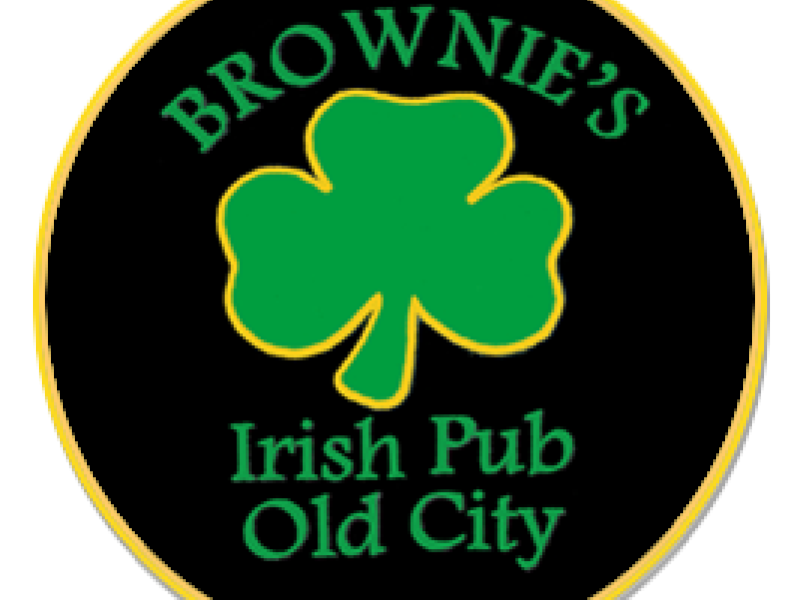 Brownie's Irish Pub logo with green shamrock