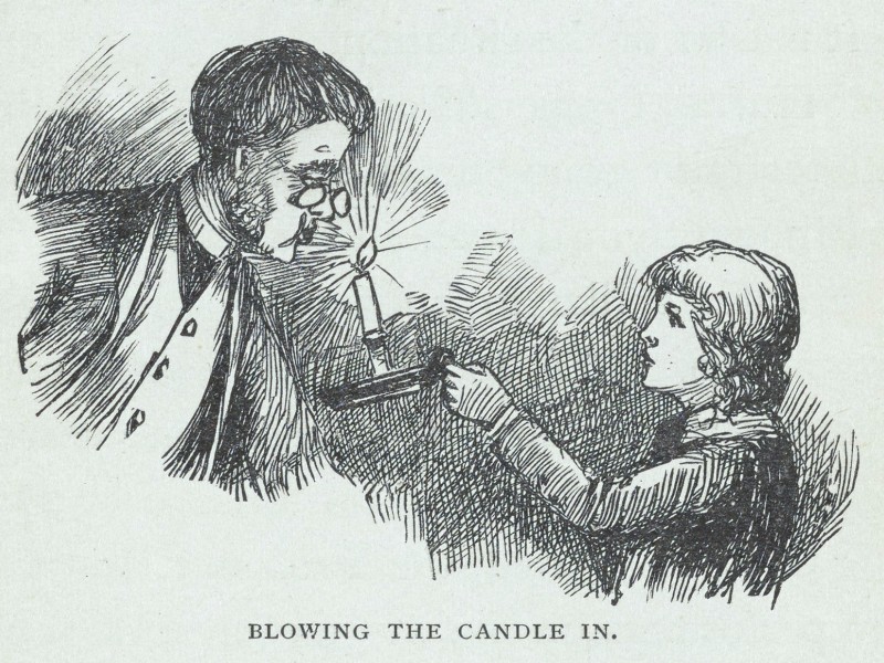 Illustration of a person holding up a candle and another person blowing it out