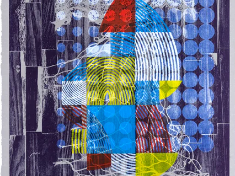 Alexis Nutini, Philly Street II, 40” x 29 ½”, Woodcut and found object stencil monoprint, 2023