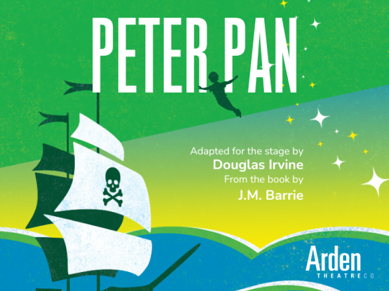 A Pirate ship and the shadow of boy flying through the stars. Title reads "Peter Pan." Credits Read "Adapted for teh stage by Douglas Irvine. From the book by J.M. Barrie."