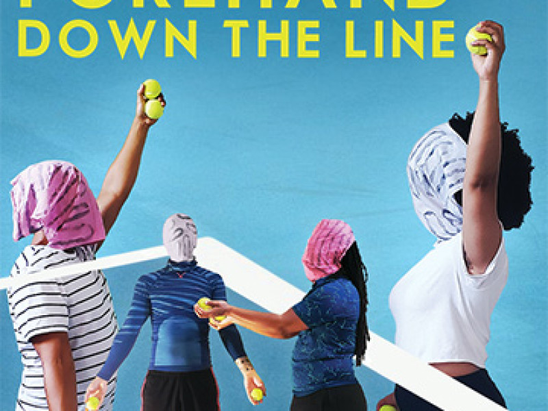 Four tennis ball people hold up tennis balls and have their faces obscured by bright patterned fabric. They stand in front of a gradient blue background.