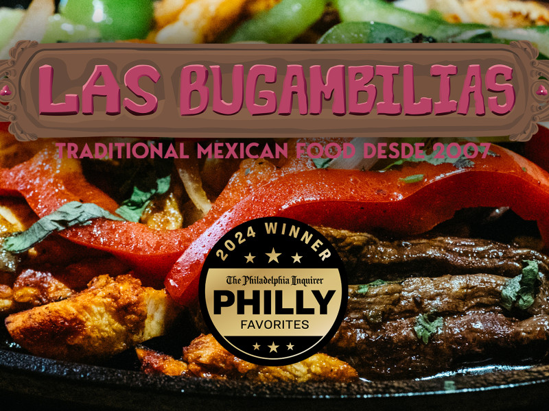 A grill pan full of delicious fajitas. Las Bugambilias - Traditional Mexican Food Desde 2007, 2024 Gold Winner - The Philadelphia Inquirer Philly Favorites
