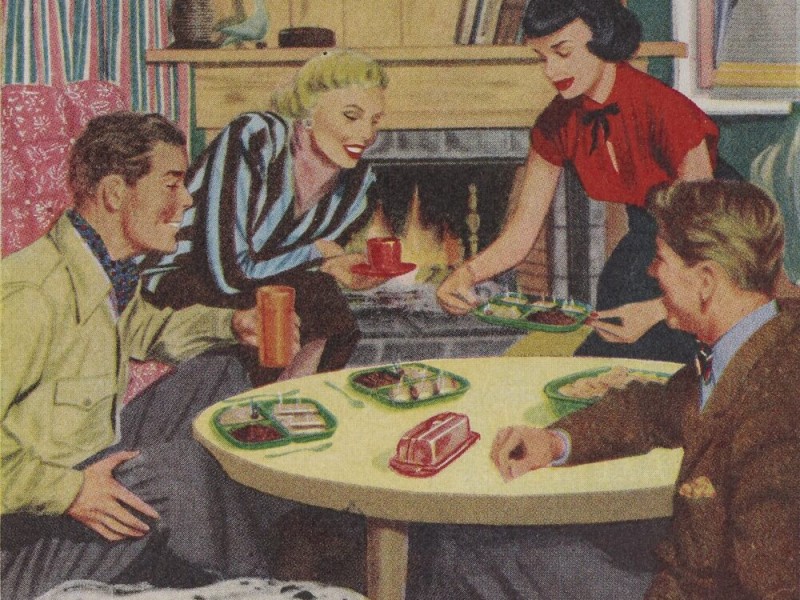 illustration of 1940s couples having dinner by a fireplace