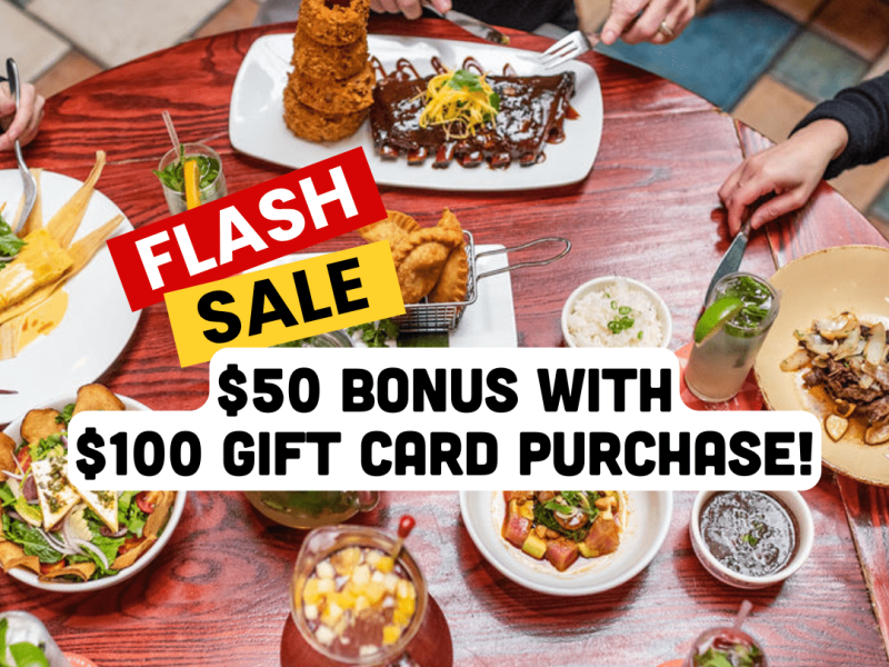 Table of food and drink pitchers, text: Flash Sale $50 bonus with $100 gift card purchase