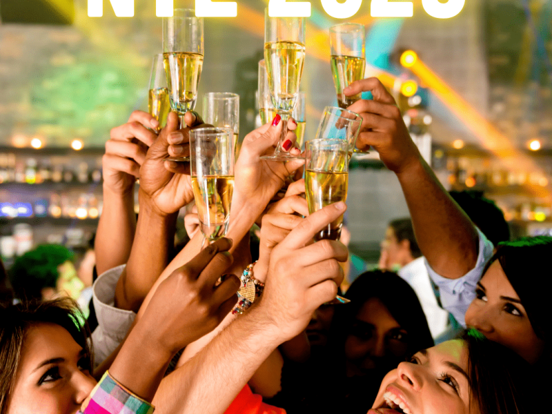 A group of friends toasting champagne glasses, text: NYE 2025