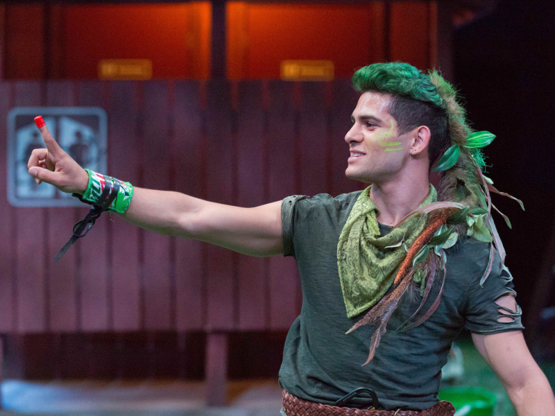 A picture of a young man dressed in green pointing to the left with a red thimble on his finger.
