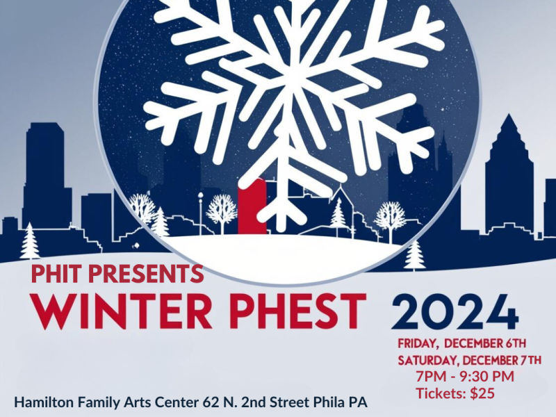 Large illustrated snowflake center with illustrated city in rear. PHIT logo of rocket ship upper right. List of performing acts top left.  PHIT presents Winter PHEST 2024 bottom center