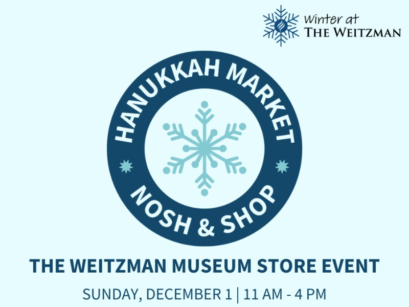 Dark blue circle with words Hanukkah Market Nosh & Shop over light blue background. The Weitzman Museum Store Event Sunday Dec 1, 11am-4pm