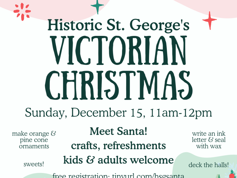 Museum flyer with pink skyline with green and red stars on top, bottom has Christmas trees, title reads "Historic St. George's Victorian Christmas"