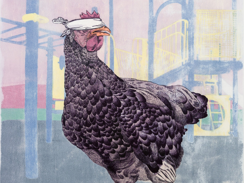 Illustration of blind folded chicken with playground in background