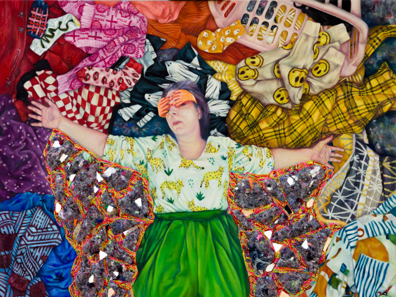 Painting by Sarah Detweiler of woman lying in a field of laundry