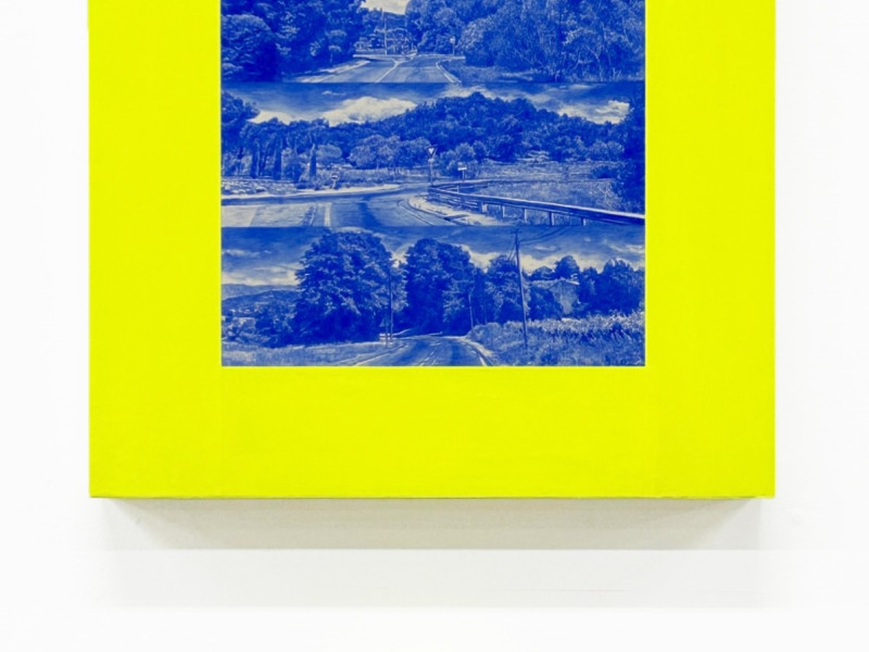 Blue Highway (Gordes) 14 x 14 x 2 inches and 4 inch diameter, acrylic, gouache on panel, 2025.