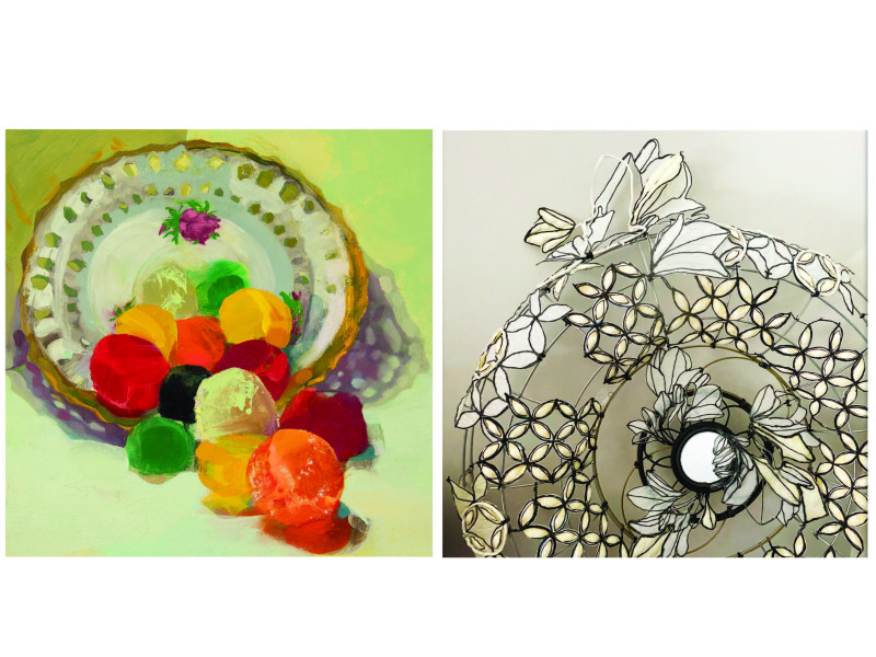 Front Images (Left Image) Deborah Bruns-Thomas, Remember What the Dormouse Said, oil on paper mounted on cradle board, 10”x10”  (Right Image) Rashidah Salam, Ashoka Flowers, Alpaca yarns and parchement papers on steel structure. 33” diameter.