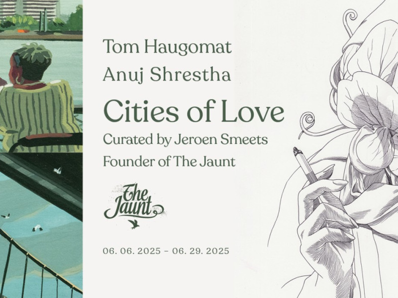 Exhibition banner advertising Tom Haugomat & Anuj Shrestha: Cities of Love