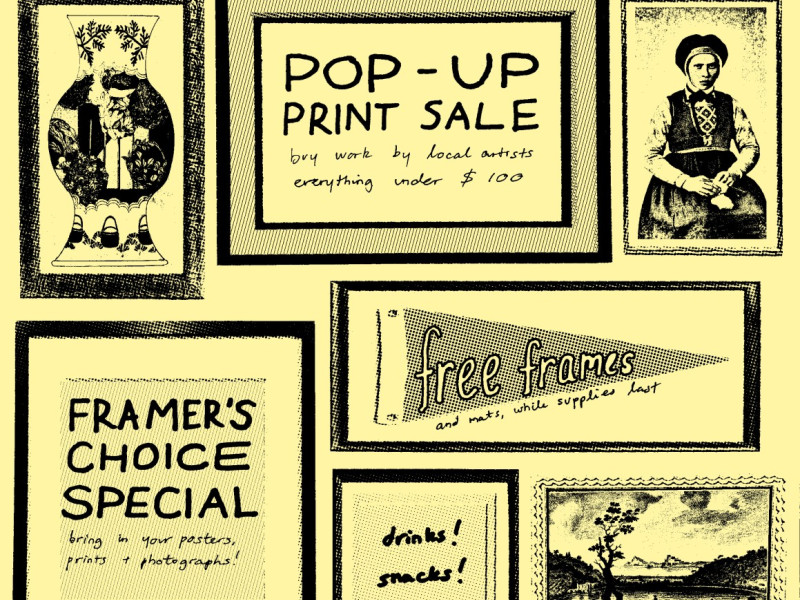 An image of a store front with "Seven Arts Framing" in bold letters and an easel with a framed painting on it. Below the image reads "Pop-up Print Sale & Walk-in Framing Consultations. Friday, June 6th, 5:00-7:00PM"