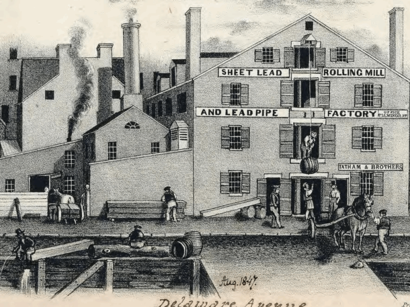 Lithograph of an advertisement depicting the Tatham & Brothers factory complex located at 608 Delaware Avenue in Philadelphia, August 1847.