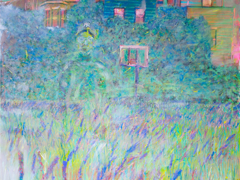 Vibrant oil painting with solitary figure standing in a field of lavender