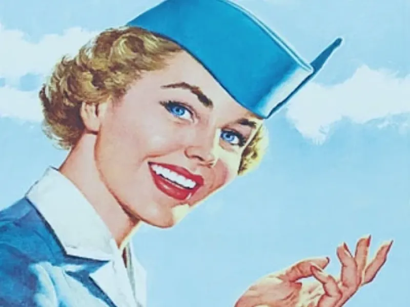 A retro-style ad for a Friday Night Flight event, featuring a smiling flight attendant. It mentions a wine tasting from 6-8 pm for $15 per