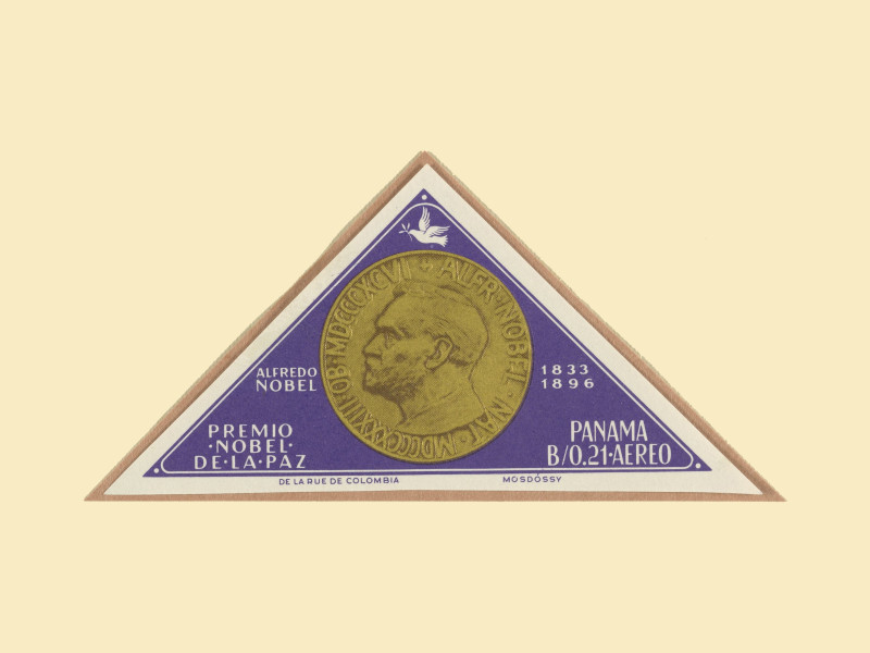 Panamanian stamp, triangular, purple, depicting a Nobel prize medal