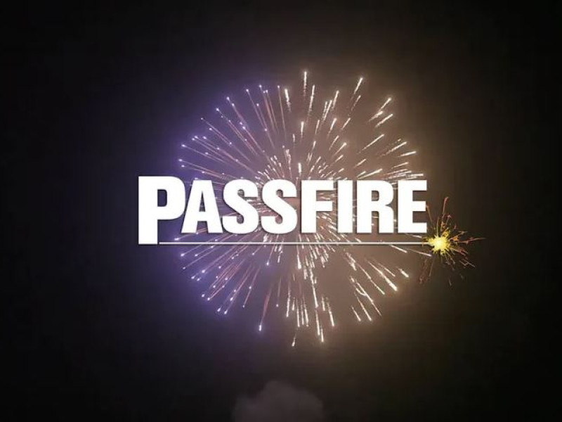 purple and yellow firework exploding over black with the word "Passfire" overlaid