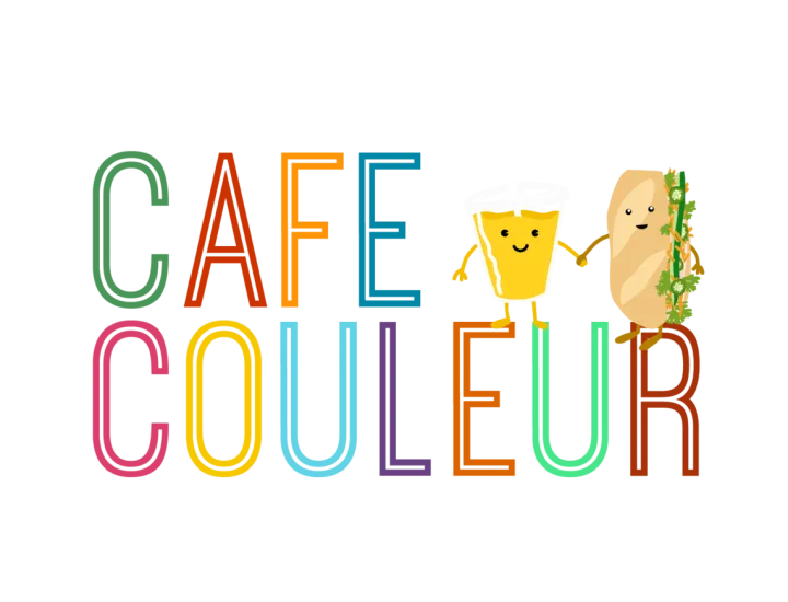 Cafe Couleur logo, with in Cafe Couleur capital, multicolor text and drink and bánh mì illustrations holding hands