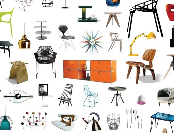 Collage of furniture and home decor on white background. Items include tables, chairs, and other home decor