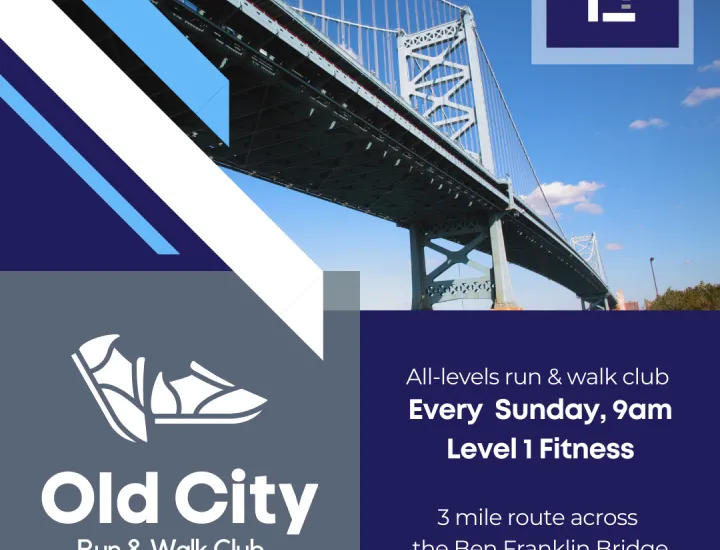 Photo of the Ben Franklin Bridge and text information about the event with a graphic image of a pair of sneakers