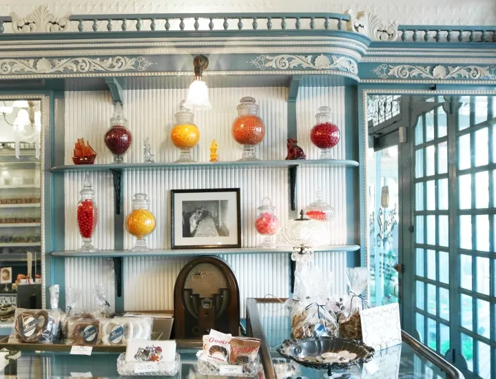 Interior of Shane Confectionery with candy displays and front counter